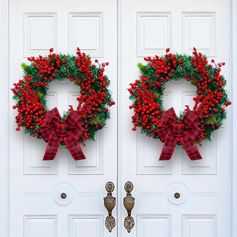 Christmas Wreath for Front Door Xmas Indoor Outdoor Decoration with Red Black Plaid Bow Rustic Style Faux Berry Rattan Garland for Holiday Home Window Shop Display4