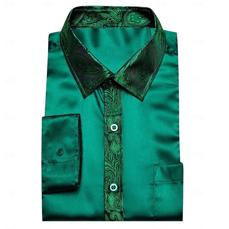 Men's Shirt Silk Like Satin Shirt Casual Shirt Button Up Shirt Prom Shirt Plain Formal Wedding Green Long Sleeve Lapel Spring &  Fall All Seasons Clothing Apparel Patchwork2