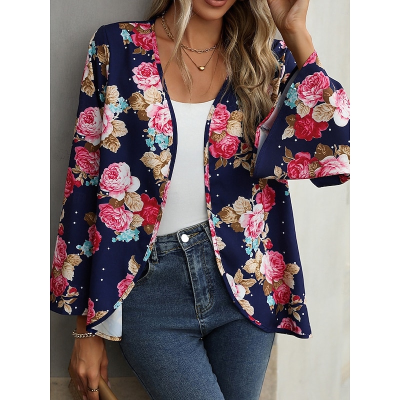 Women's Casual Jacket Comfortable Breathable Print Casual Floral Vacation Street Casual Daily Wear Open Front Short Collarless Regular Fit Long Sleeve Outerwear Navy Summer Spring