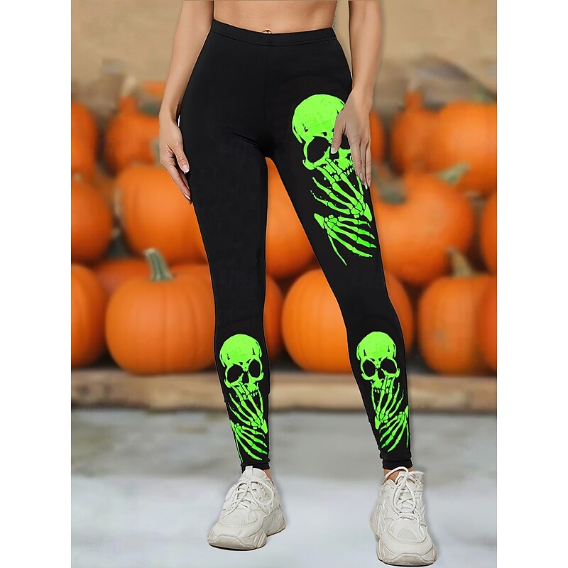 Women's Leggings Vintage Streetwear Full Length High WaistPantsHalloween Graphic Skull Printing Thermal Warm Soft Breathable Stretchy Outdoor Daily Violet White Blue Mint Green Spring Fall Slim Fit3