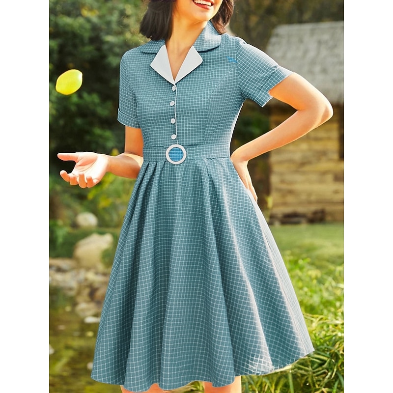 Retro Vintage 1950s Rockabilly Knee Length Swing Dress Flare Dress Shirt Dress With Belt Plaid Fancy Dress Women's Carnival Masquerade Tea Party Casual Daily Retro Theme Party Adults' Dress Spring