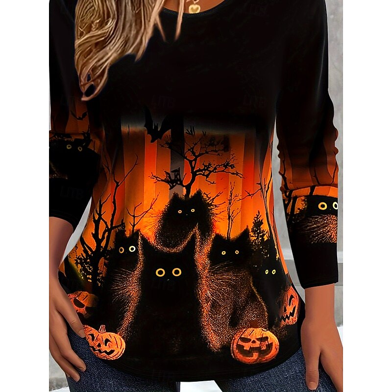 Halloween Women's T shirt Pumpkin Graphic Cat Vintage Stylish Classic Long Sleeve Crew Neck Regular Tops Daily Print Orange Spring Fall Winter4