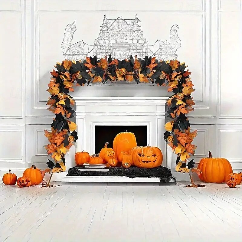 6ft Black Maple Leaf Rattan Garland Realistic Artificial Foliage with Orange, White, Pumpkin & Red Sunflower for Halloween Thanksgiving Christmas Party Decor4