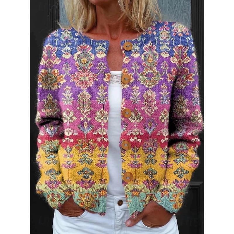 Women's Cardigan Sweater Knitted Ribbed Button Front Round Neck Long Sleeve Lightweight Elegant Vintage Daily Floral Graphic Geometric rint Knit Outdoor Daily Holiday Black Purple Spring Fall3
