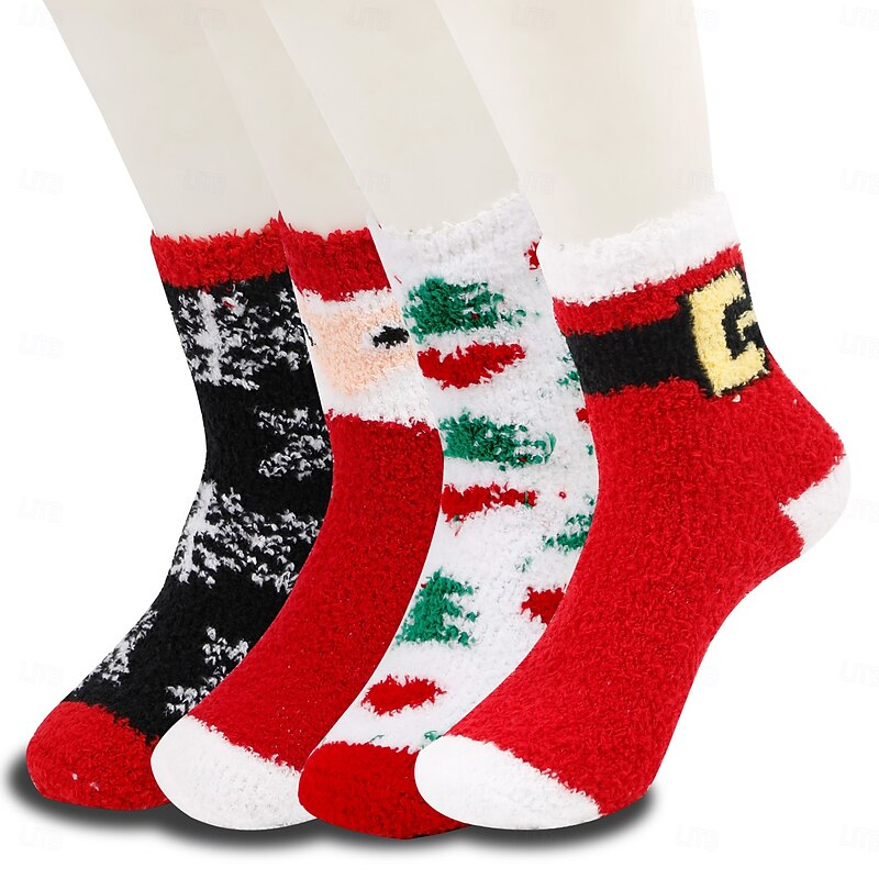 Christmas Socks for Women, Thick Coral Fleece Floor Socks, Non-Shedding Plush Socks with Reindeer & Santa Claus Design, Cozy Warm Holiday Socks
