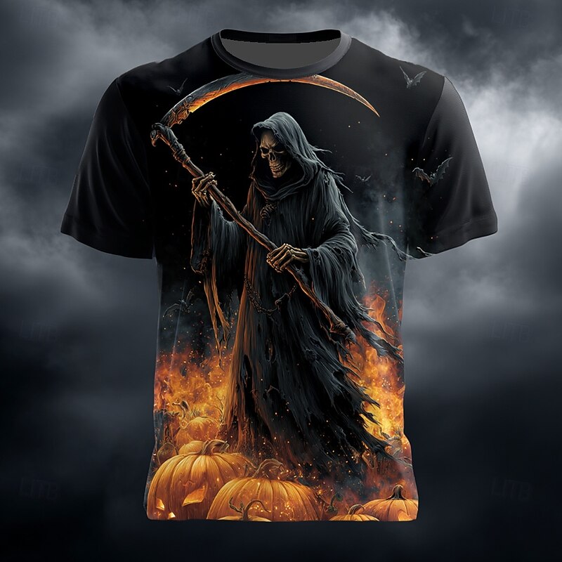 Halloween Men's Optical Illusion Grim Reaper Reaper T Shirt Short Sleeve T shirt 3D Print Crew Neck Shirt Exaggerated Designer Horror Party Street Holiday Blue Orange Summer Spring All Seasons