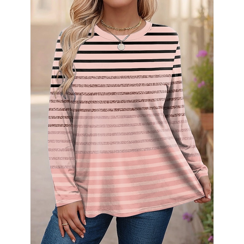 Women's Plus Size Tops T Shirt Graphic Striped Print Long Sleeve Crew Neck Casual Daily Polyester Fall Winter Yellow Pink