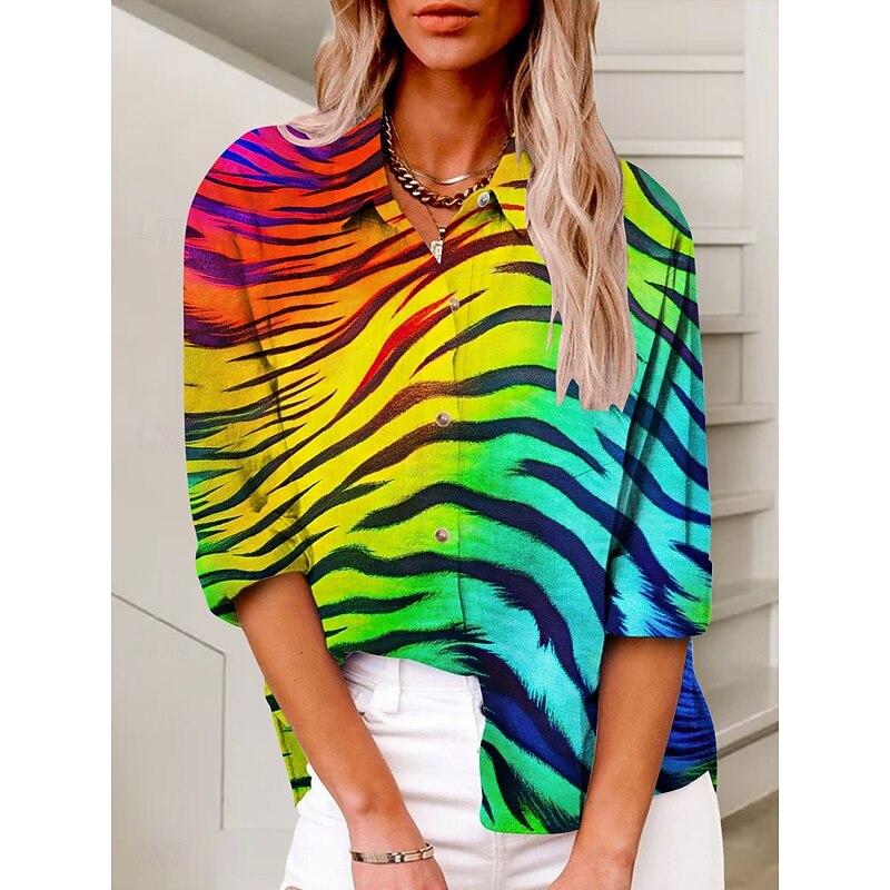 Women's Shirt Leopard Active Daily Stylish Long Sleeve Shirt Collar Regular Tops Daily Holiday Buttons Print Yellow Blue Green Summer Spring Fall