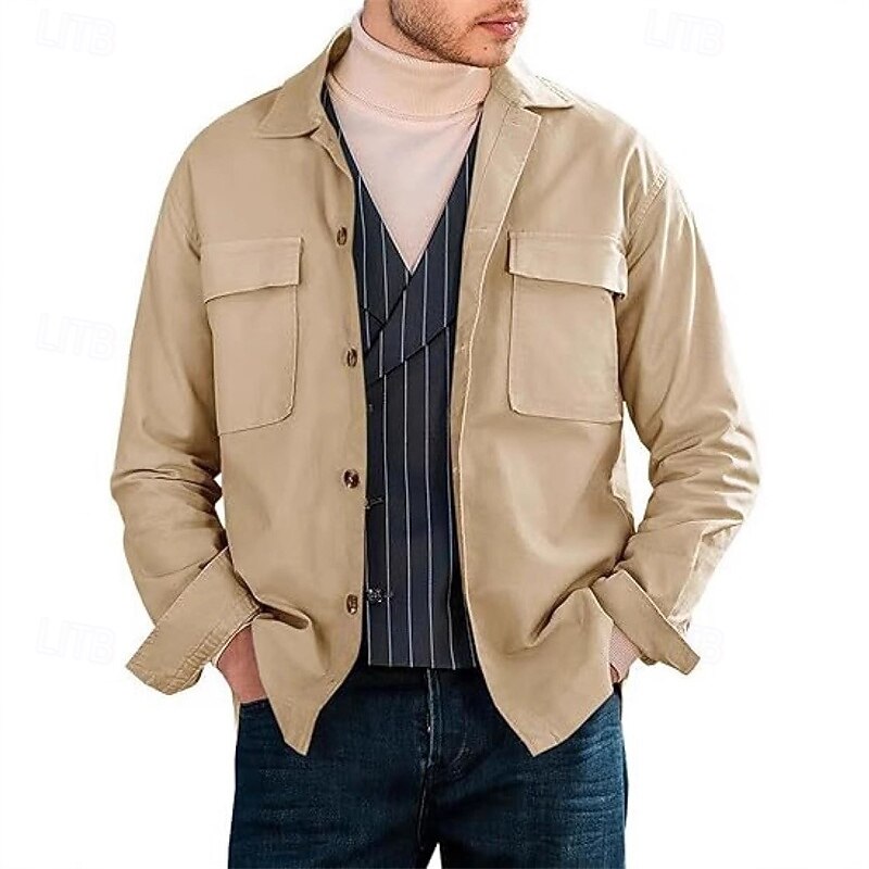 Men's Lightweight Jacket Shirt Jacket Casual Jacket Shacket Vacation Daily Breathable Pocket Spring Fall Plain Fashion Classic Lapel Regular Black White Khaki Army Green Gray Jacket
