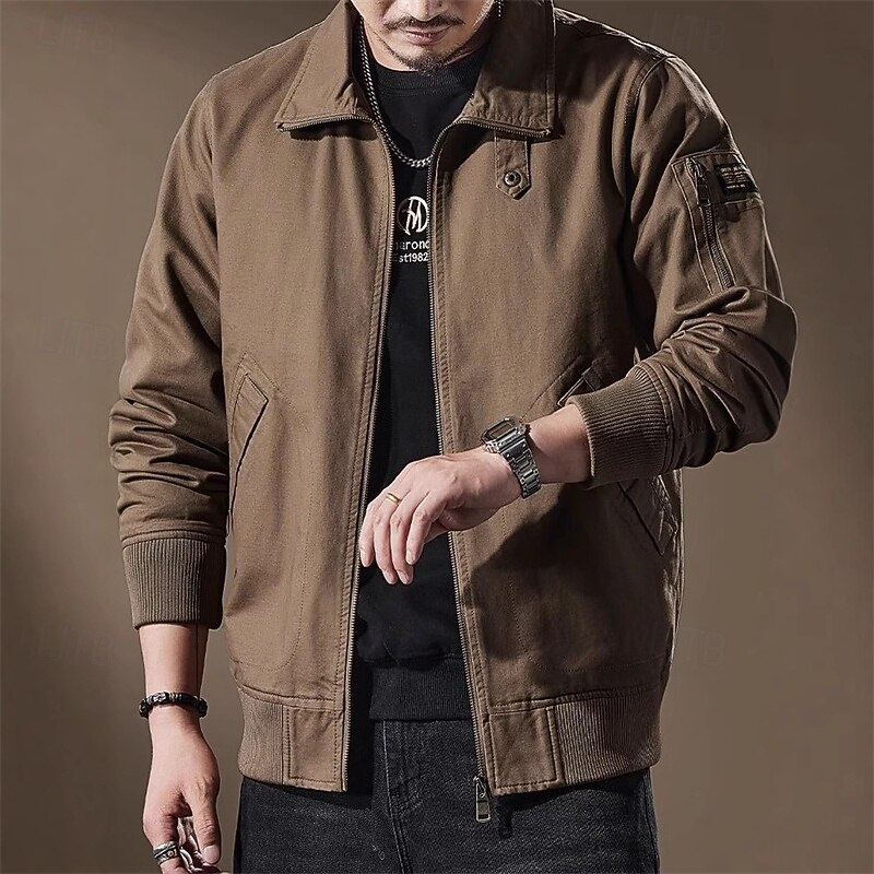 Men's Shirt Jacket Winter Jacket Plain Vacation Daily Wear Black Khaki Army Green Long Sleeve Lapel Fall Winter Clothing Apparel Zip Up2