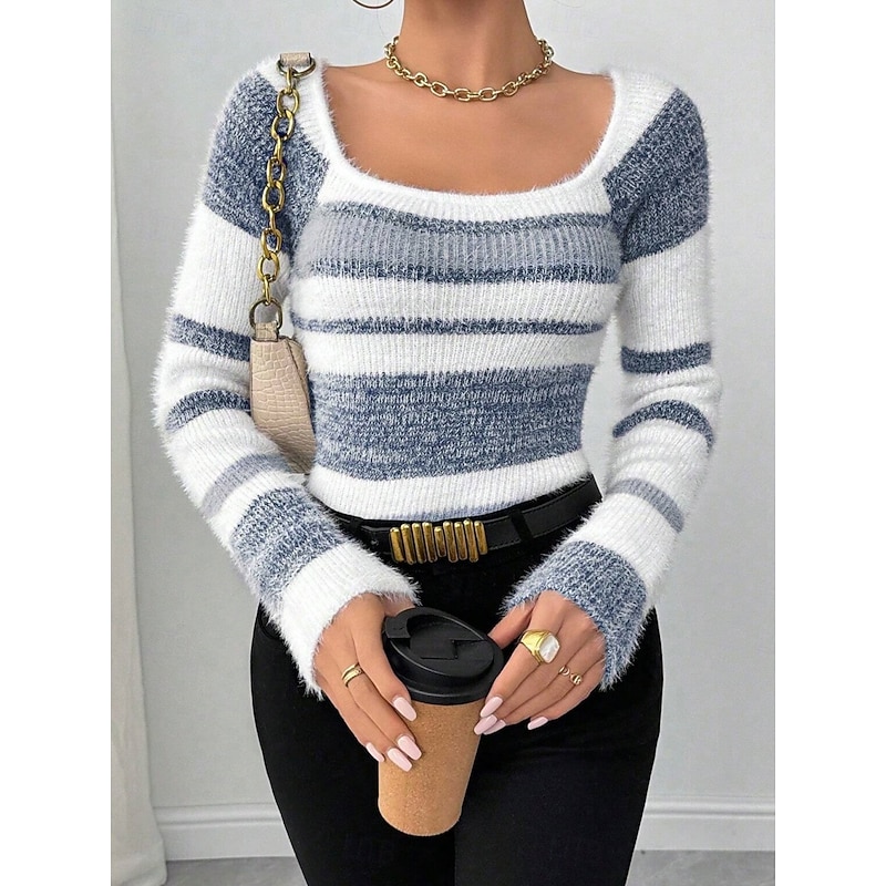 Women's Sweater Casual Soft Striped Ribbed Crew Neck Knitted Long Sleeve Regular Tops Knit Outdoor Daily Weekend Pink Blue Fall Winter3