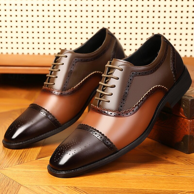 Men's Brown and Black Two-Tone Brogue Shoes – Faux Leather Lace-Up Dress Shoes for Business and Semi-Formal Wear2