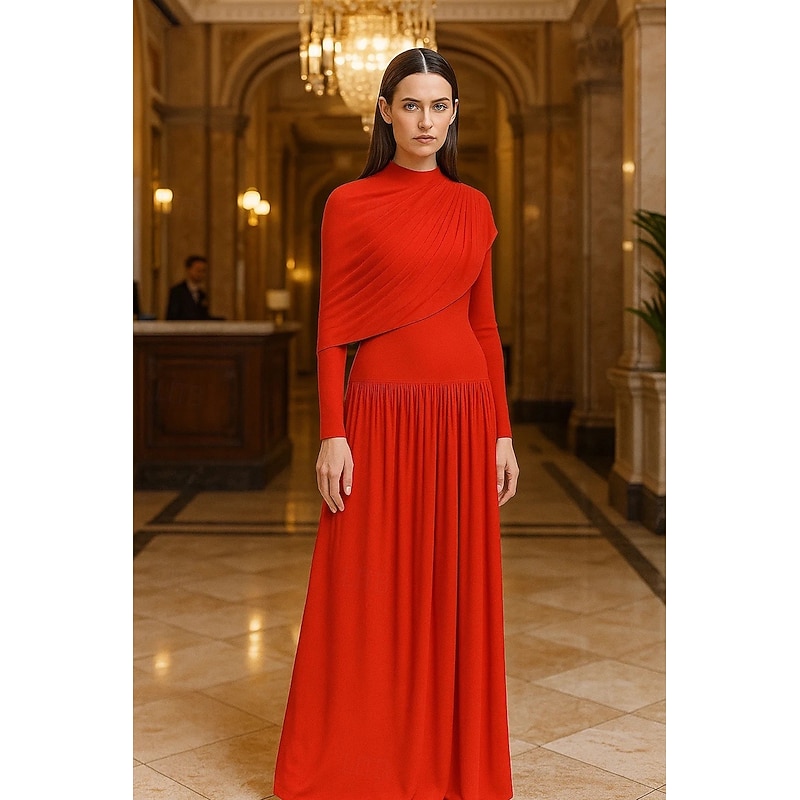 A-Line Cape Dress Mock Neck Evening Gown Elegant Dress Formal Wedding Floor Length Long Sleeve Jersey with Pleats Ruched 20254