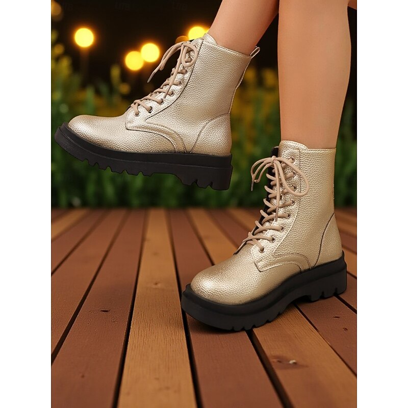Women's Gold Faux Leather Lace-Up Combat Boots with Chunky Black Sole - Trendy Nightlife Party Footwear2