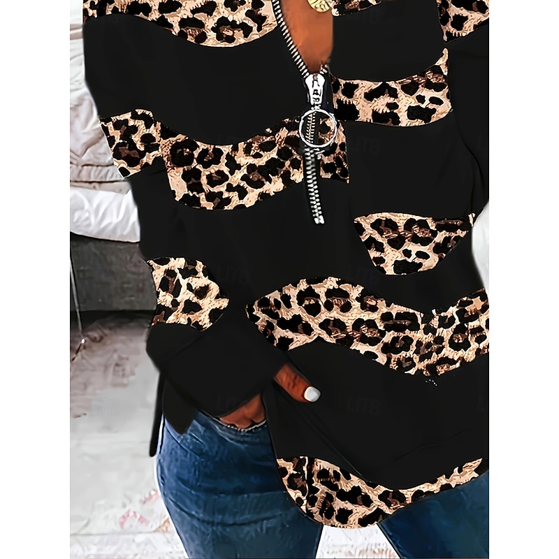 Women's Tunic Graphic Animal Leopard Vintage Fashion Stylish Long Sleeve Crew Neck Regular Tops Daily Zipper Print Brown Spring Fall Winter4