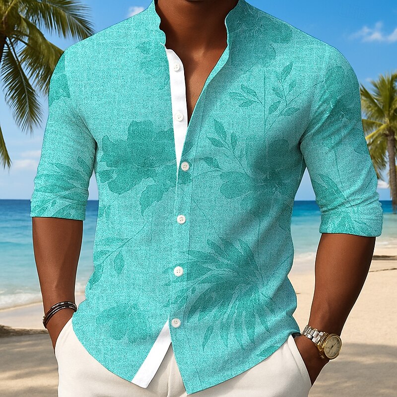 Men's Plants Tropical Leaf Shirt Button Up Shirt Stand Collar Shirt Long Sleeve Hawaiian Outdoor Vacation Daily Spring Fall Mandarin Collar Band Collar 3D Print Linen Like Shirt Light Blue Blue4