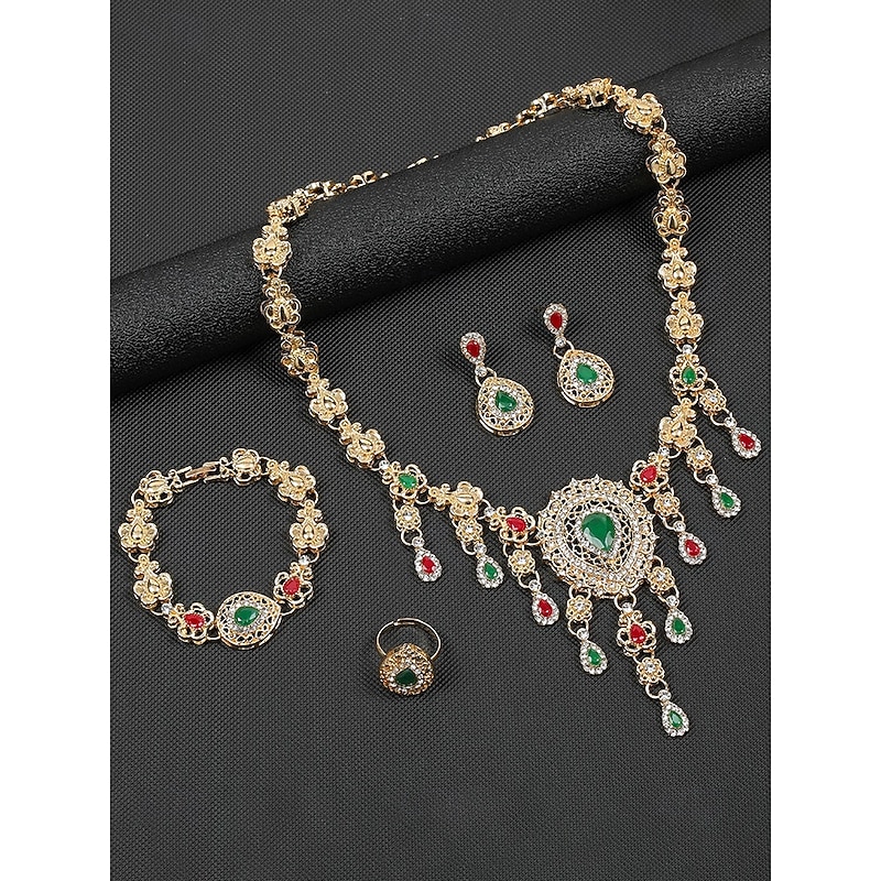 Women's Vintage Crystal Jewelry Set - 1920s Gatsby Style Green and Red Gem Necklace, Earrings, and Bracelet for Roaring Twenties Parties and Formal Events3