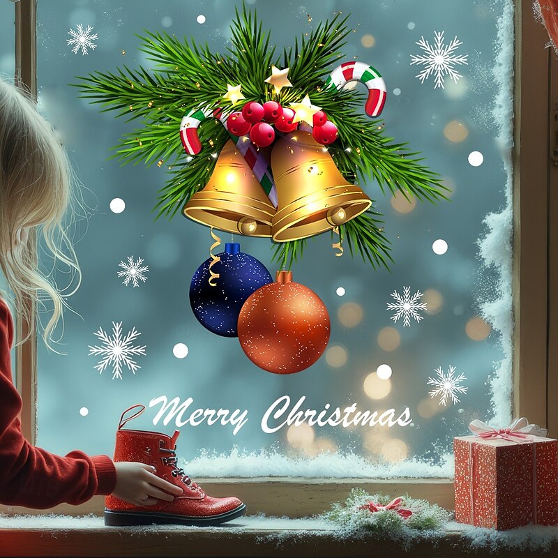 Christmas Window Clings Xmas Wall Sticker Holiday Bell Candy Cane Egg Design Static Cling for Living Room Glass Door Window Decoration Festive Christmas Party Home Accessory