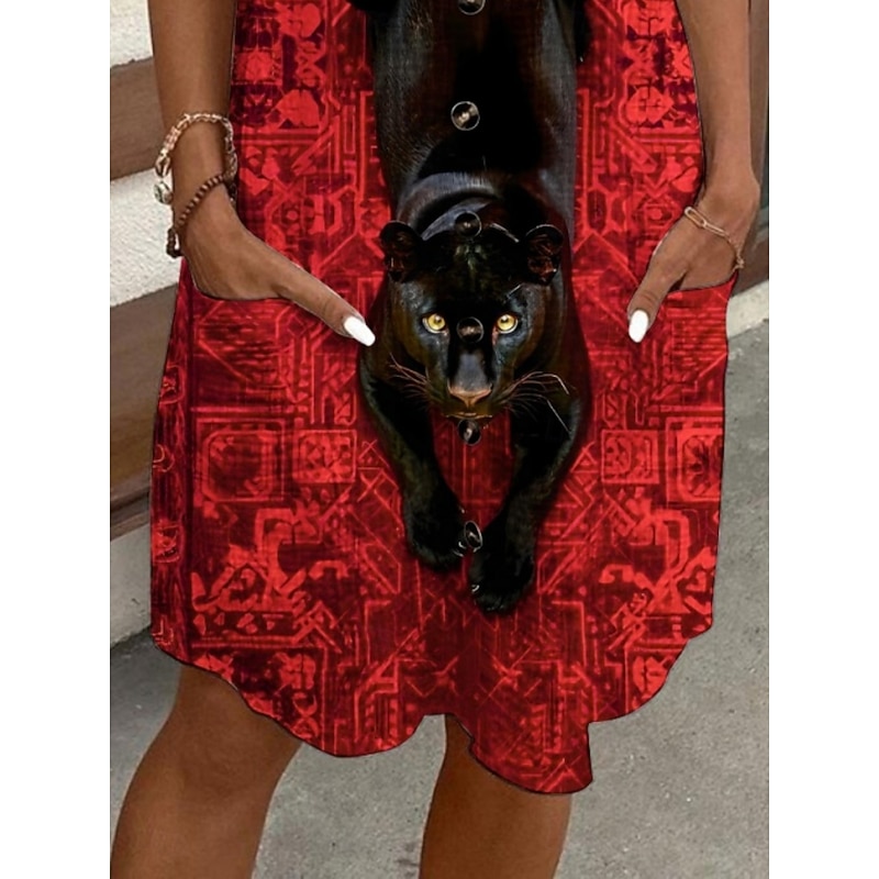 Women's Mini Dress Shirt Dress Casual Dress Print Dress Fashion Modern Daily Beach Weekend Regular Fit Cat Short Sleeve Shirt Collar Red Summer Spring Fall Autumn3