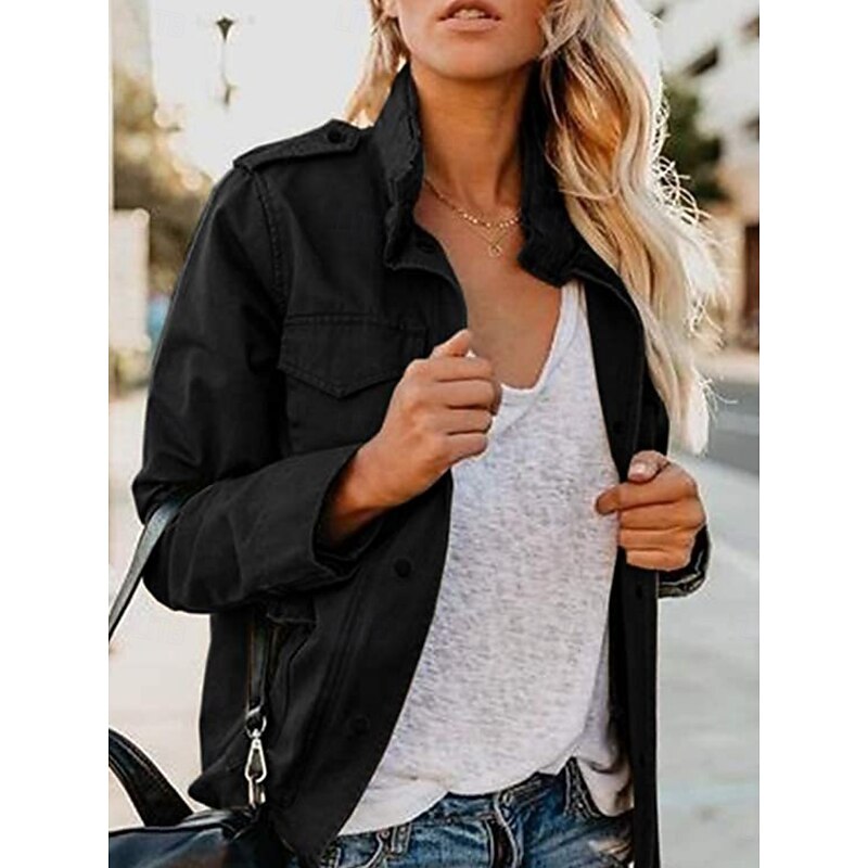 Women's Casual Jacket Comfortable Breathable Zipper Pocket Casual Plain Vacation Street Casual Daily Wear Zipper Regular Stand Collar Regular Fit Long Sleeve Outerwear Black Khaki Army Green Summer