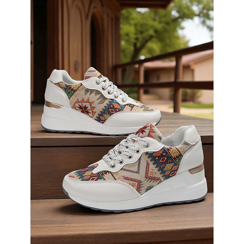 Women's Gold Wedge Sneakers – Lace-Up Platform Trainers with Ethnic Print for Casual Streetwear and Weekend Travel3