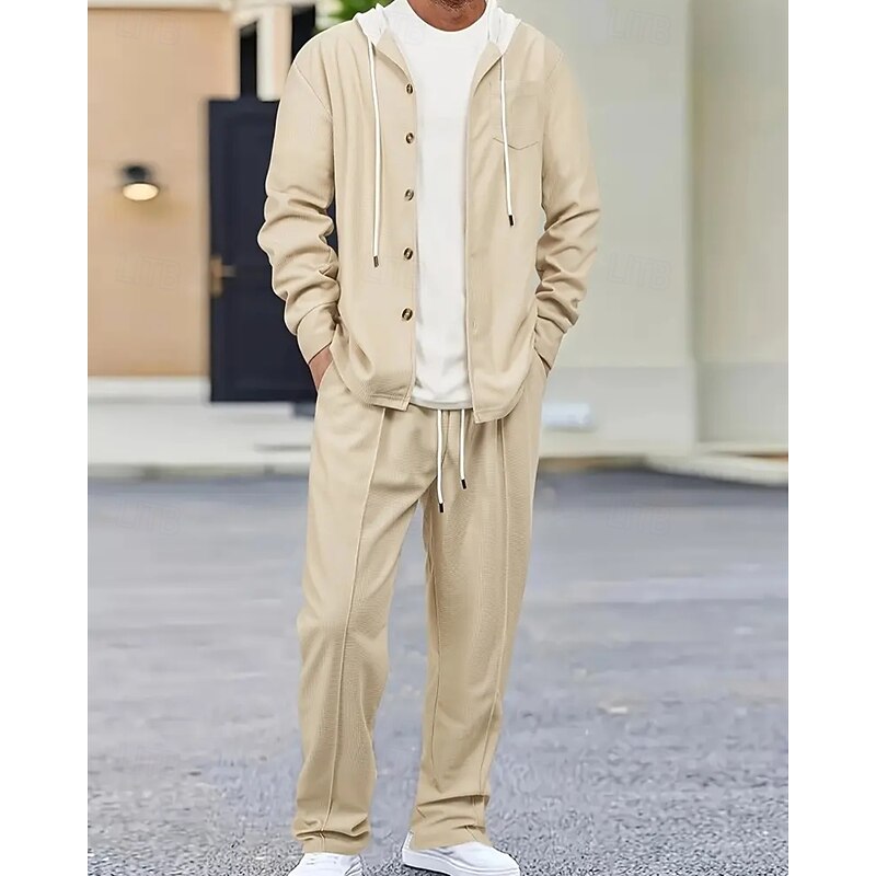 Men's Lightweight Jacket Waffle Jacket Casual Jacket Set Vacation Daily Breathable Pocket 2 Piece Spring Fall Color Block Fashion Classic Hooded Regular Black White Khaki Gray Jacket2