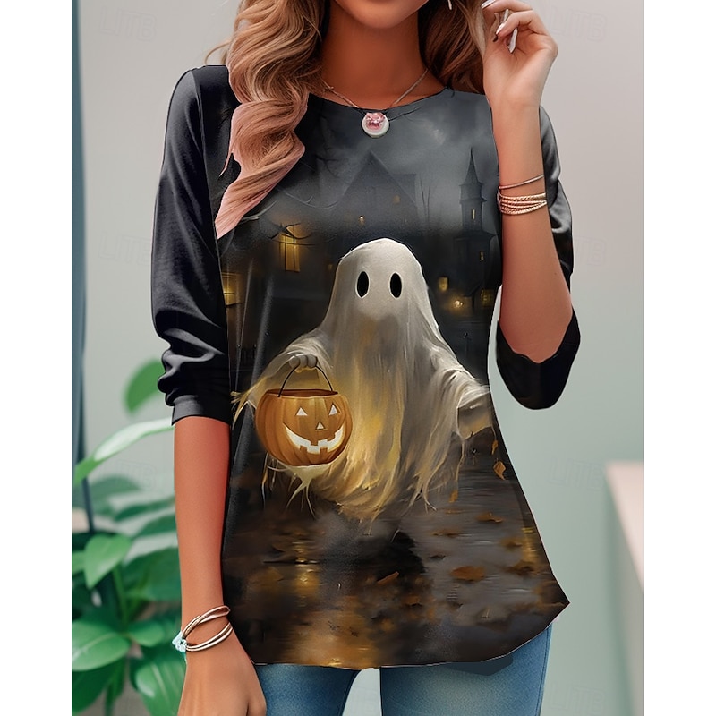 Halloween Women's T Shirt Skulls Graphic Pumpkin Vintage Stylish Classic Long Sleeve Crew Neck Regular Tops Daily Print Black Red Light Brown Orange Light Grey Fall Winter2