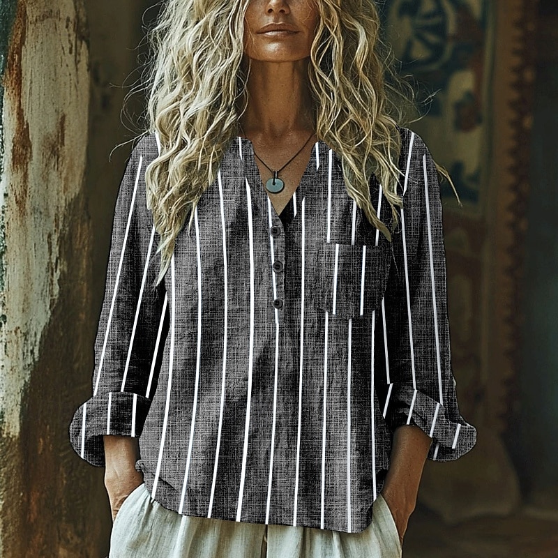 Women's Shirt Texture Blouse Blouse Striped Modern Casual Long Sleeve V Neck Regular Tops Daily Holiday Going out Pocket Buttons Black White Wine Blue Green Fall
