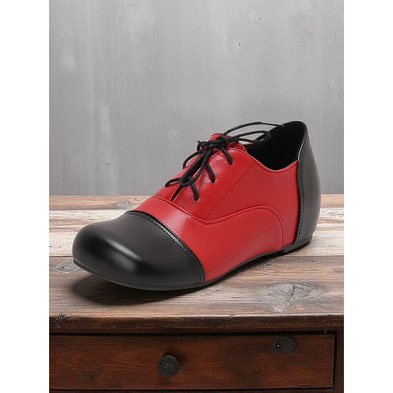 Women's Red and Black Oxford Shoes - Faux Leather Lace-Up Casual Flats, 1950s Vintage Retro Style Dress Shoes for Parties, Stage Performance and Daily Wear