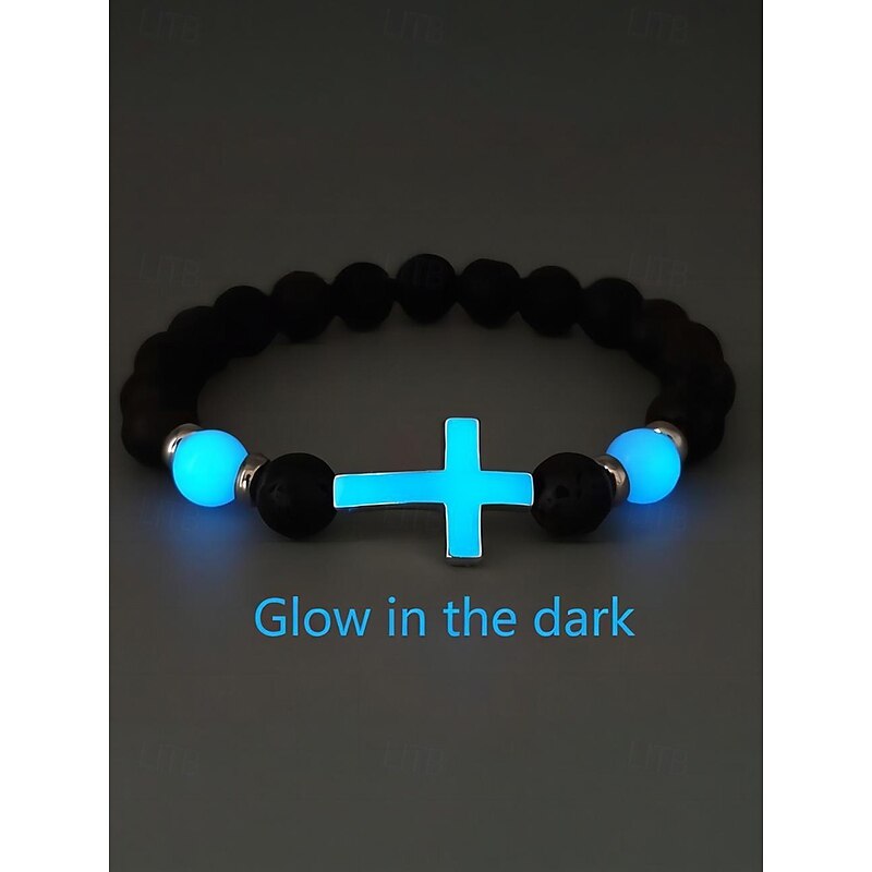 Men's Glow-in-the-Dark Cross Bracelet – Volcanic Rock and Fluorite Beads, Adjustable, Perfect for Halloween and Casual Wear4