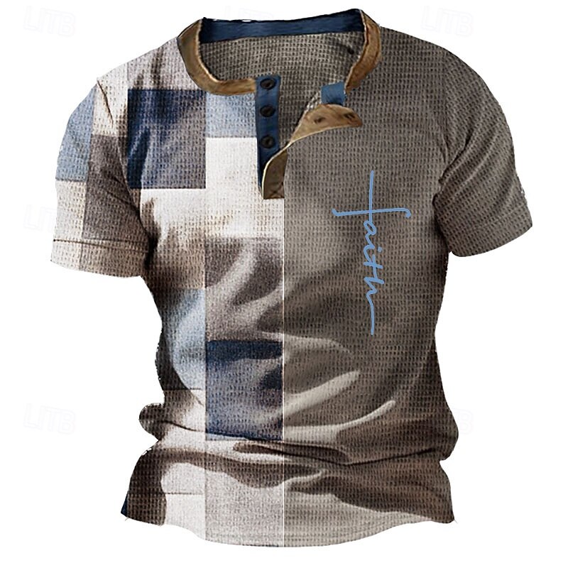 Men's Graphic Color Block Waffle Henley Shirt Short Sleeve 3D Print Fashion Designer Basic Outdoor Daily Summer Light Brown White Blue Brown Henley Henley T-Shirt4