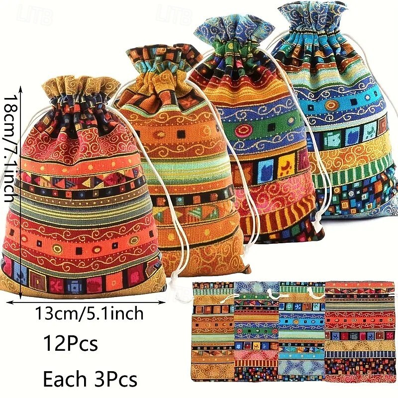 12PCS Woven Jewelry Gift Bags, Colorful Bohemian Drawstring Pouches, Patriotic-Themed Linen Bags for Weddings, Parties, Birthdays, Seasonal Celebrations in Spring, Summer, Fall and Winter4