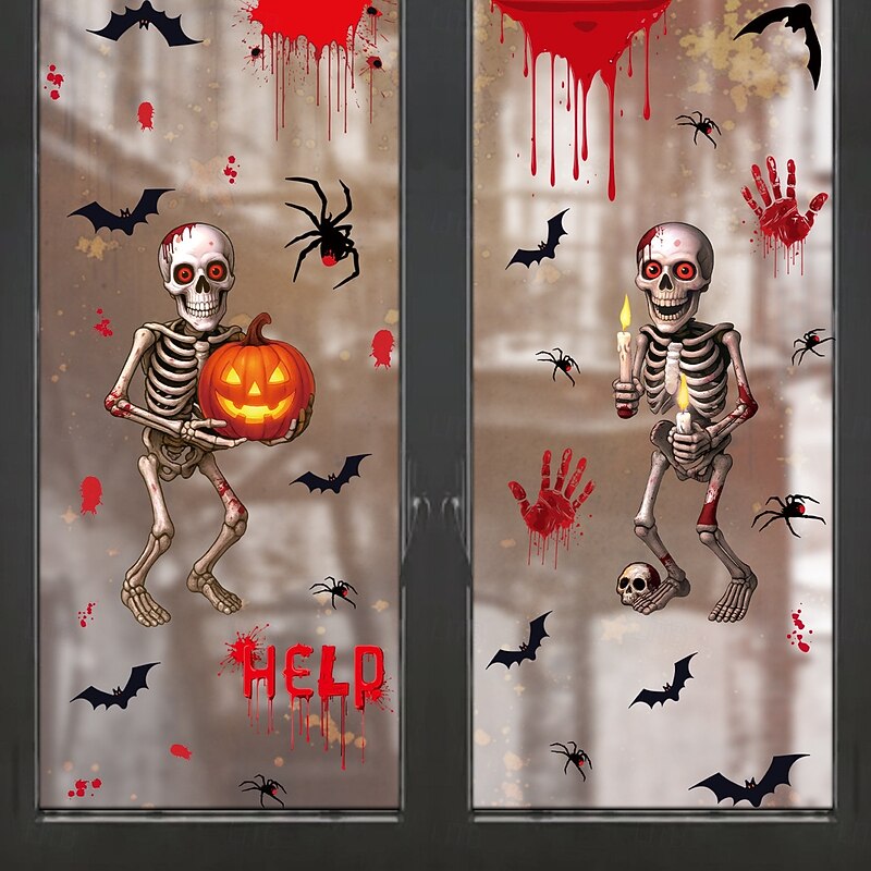 6 Sheets Halloween Window Cling Wall Sticker Decals Decorations, Creative Skulls, Bats, Pumpkins, Bloody Handprints & Spiders, Static Cling, Halloween Party Home & Store Decor3
