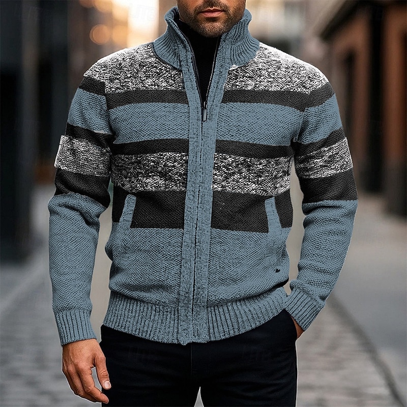 Men's Cardigan Sweater Cropped  Sweater Zip Sweater Knit Sweater Ribbed Knit Regular Tops Patchwork Pocket Color Block Stand Collar Fashion Classic Vacation Daily Wear Clothing Apparel Fall Winter2