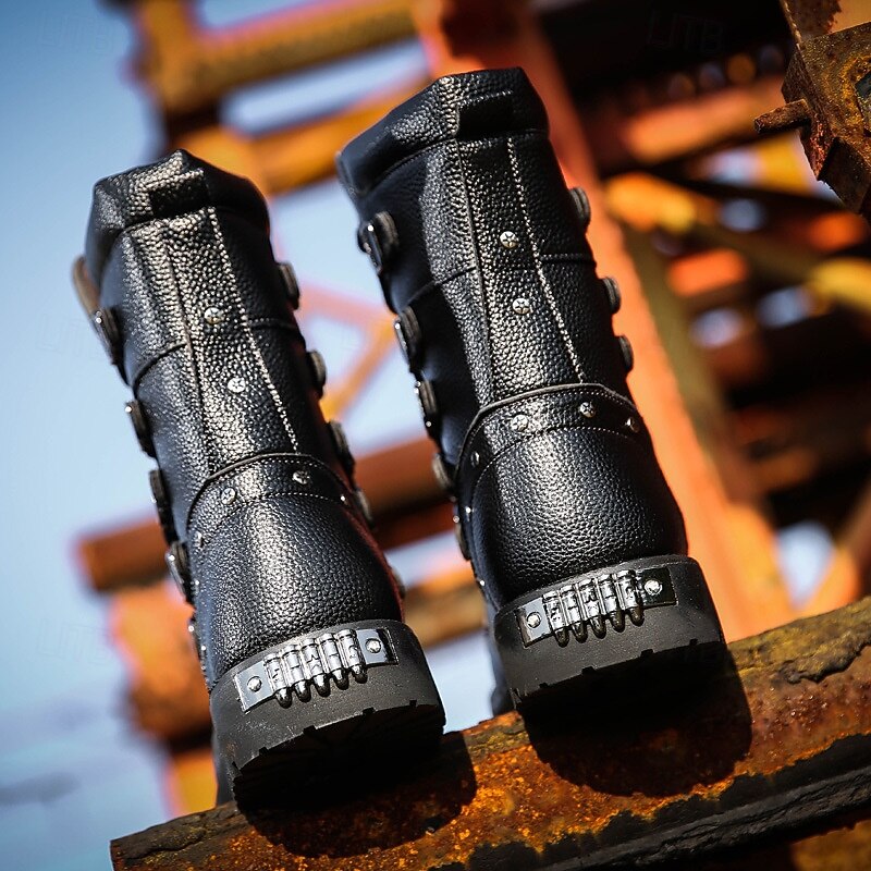 Men's Black Combat Boots with Buckle Straps – Gothic Punk High-Top Military Boots for Streetwear, Cosplay and Outdoor Festivals4