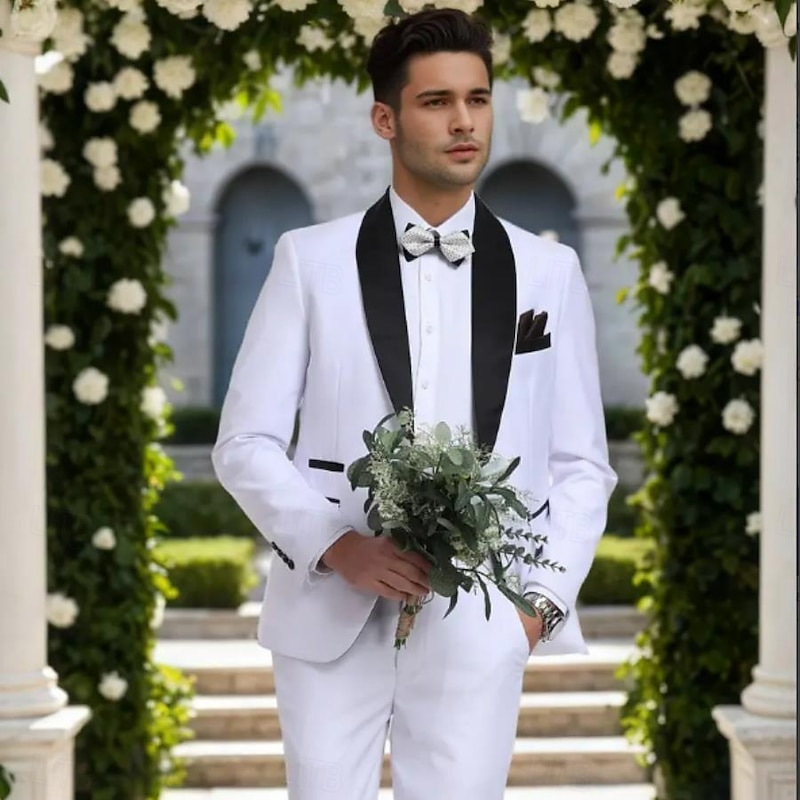 Men's Wedding Party Wedding Suits Shawl Lapel White Formal Solid Colored Slim Fit 2 Piece