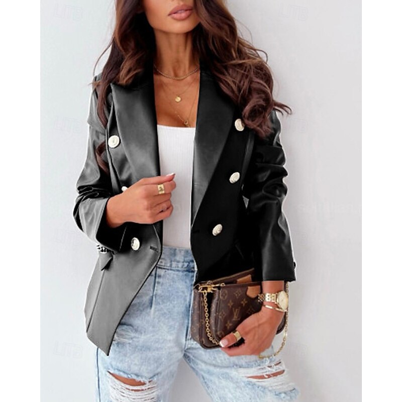 Women's Faux Leather Jacket Casual Jacket Comfortable Buttons Fashion Modern Outdoor Plain Going out Casual Daily Weekend Double Breasted Regular Lapel Regular Fit Long Sleeve Outerwear Black Wine