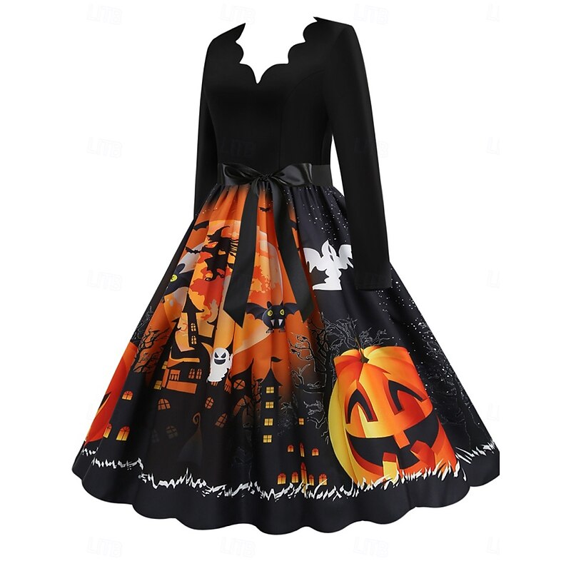 Halloween Women's Pumpkin Print Midi Dress A Line Dress Casual Daily Holiday Regular Fit Pumpkin Long Sleeve V Neck Yellow Blue Purple Orange Summer Spring Fall2