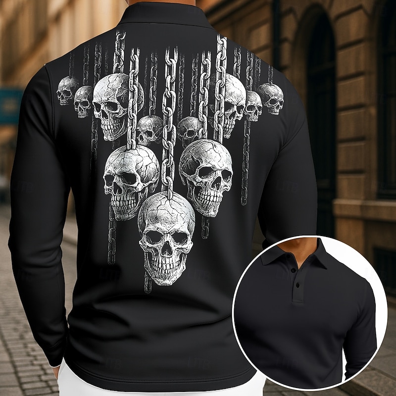 Day of the Dead Men's Cool Skulls Polo Long Sleeve Polo Shirts Lapel Casual Dark Athleisure Daily Wear Streetwear 3D Print Buttons Spring Fall Winter Black Yellow2
