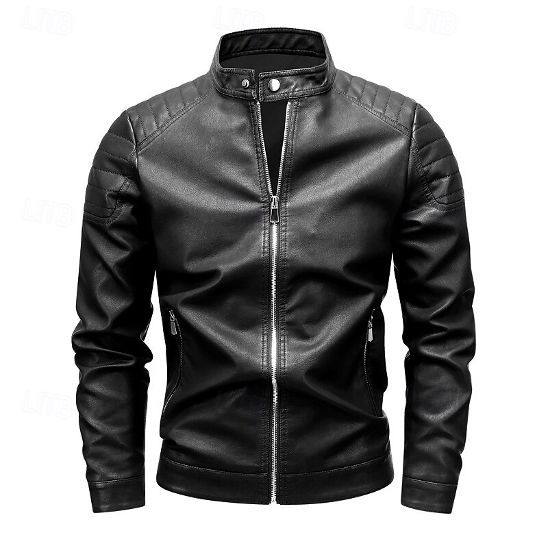 Men's Faux Leather Jacket Motorcycle Jacket Outdoor Casual Windbreaker Minimalist Fall Winter Solid Color Punk Active Stand Collar Regular Black Burgundy Khaki Coffee Jacket