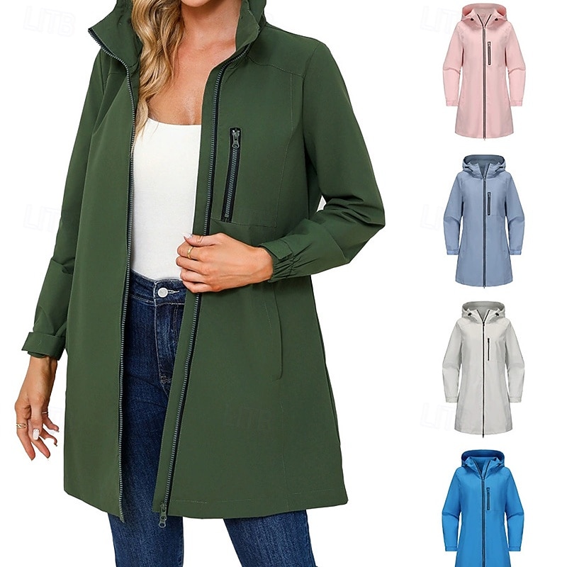 Women's Trench Coat Waterproof Rain Jackets Rain Coats Waterproof Windproof Zipper Pocket Fashion Outdoor Plain Going out Weekend Zipper Regular Hooded Regular Fit Long Sleeve Outerwear Deep Purple