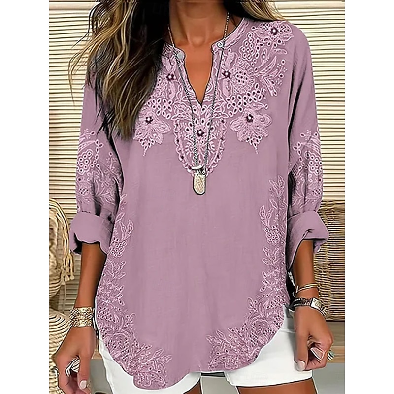 Women's Blouse Floral Graphic Elegant Bohemia Vintage Long Sleeve V Neck Regular Tops Daily Holiday Beach Wear Ruched Embroidered Print Pink Blue Spring Fall2