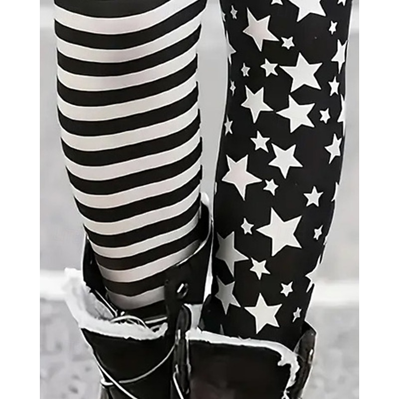 Women's Pants Trousers Leggings Cozy Leggings Streetwear Casual Full Length High Waist Star Striped Elastic Waist Print Breathability Comfortable Stretchy Vacation Street Daily Wear Black Summer3
