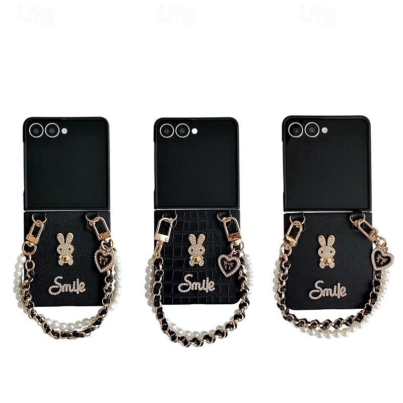 Phone Case For Samsung Galaxy Z Flip 7 Z Flip 6 Z Flip 5 Z Flip 4 Back Cover with Wrist Strap Shockproof Rabbit PC2