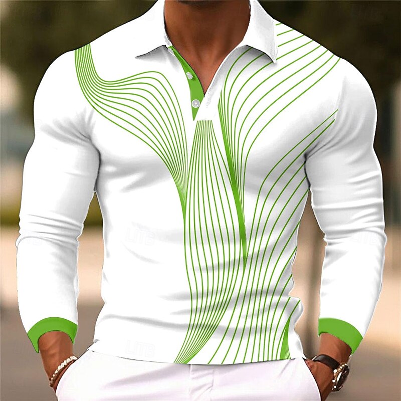 Men's Geometic Line Polo Long Sleeve Polo Shirts Lapel Casual Street Athleisure Daily Wear 3D Print Buttons Spring Fall Winter Black White Red4