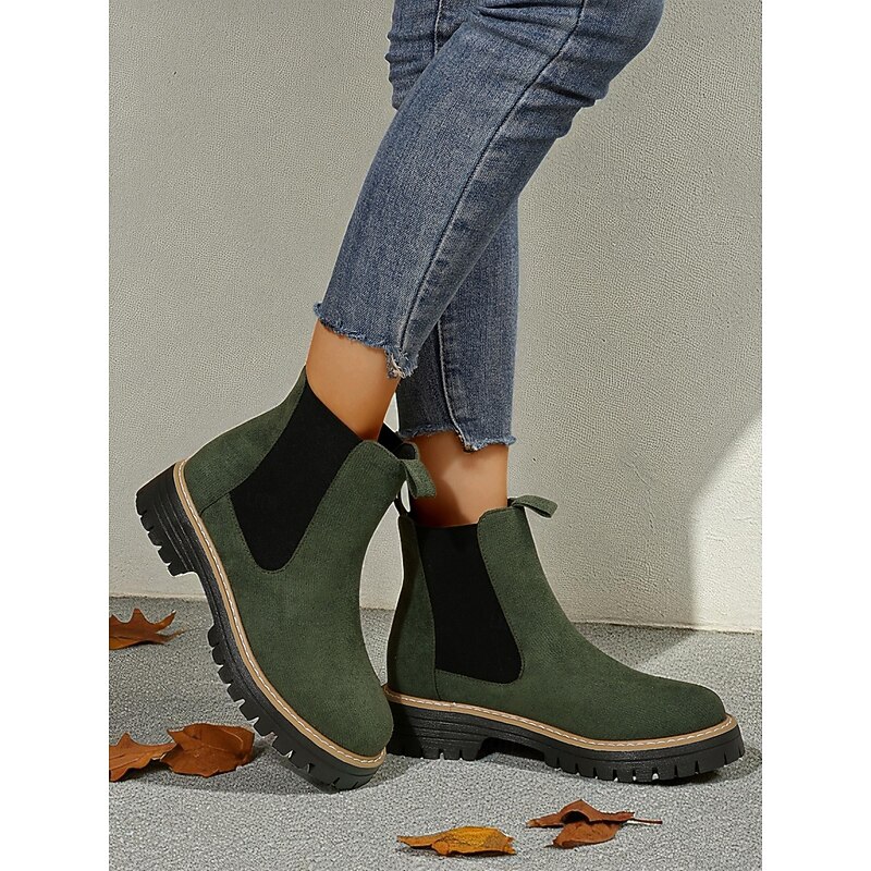 Women's Green Faux Suede Chelsea Ankle Boots – Slip-On Elastic Side Panel, Chunky Lug Sole, Casual Outdoor & Travel Footwear3