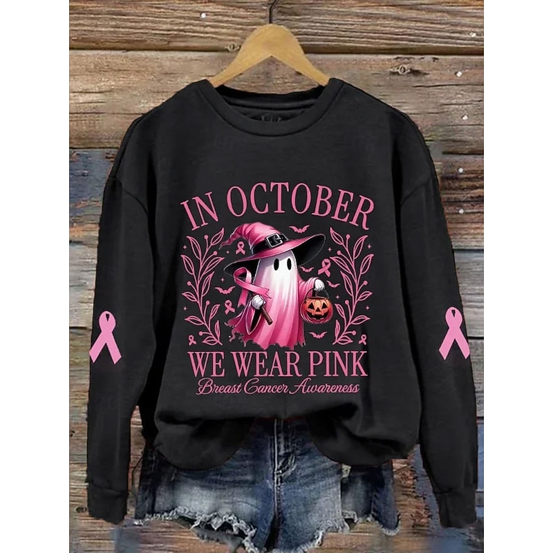 Halloween Women's Pullover Ghost Graphic Letter Casual Long Sleeve Crew Neck Regular Tops Street Dailywear Casual Print Black Pink Fall Winter