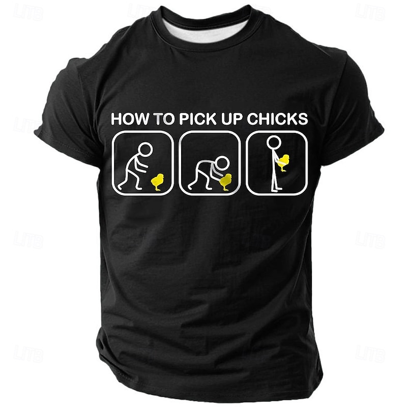 Men's T-Shirt Funny Graphic Short Sleeve 'How To Pick Up Chicks' Pun Humor