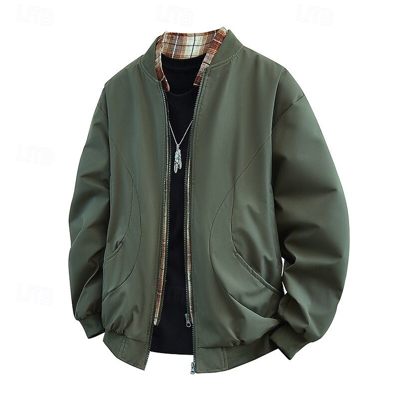 Men's Jacket Casual Jacket Outdoor Vacation Warm Zipper Pocket Fall Winter Plain Fashion Streetwear Standing Collar Regular Black Green Beige Jacket