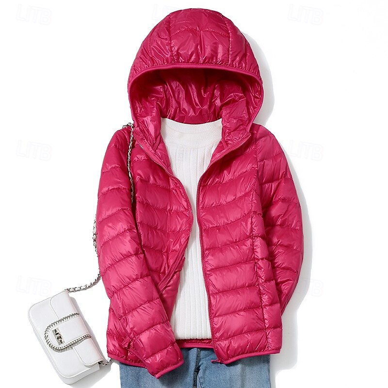 Women's Down Jacket Warm Comfortable Zipper Pocket Casual Plain Holiday Daily Wear Going out Casual Daily Zipper Regular Hooded Regular Fit Long Sleeve Outerwear Pink Red Khaki Fall Winter3